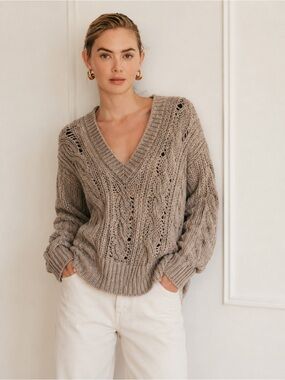 IRO Byba Cable Knit Sweater M Taupe Alpaca Blend V Neck Open Knit